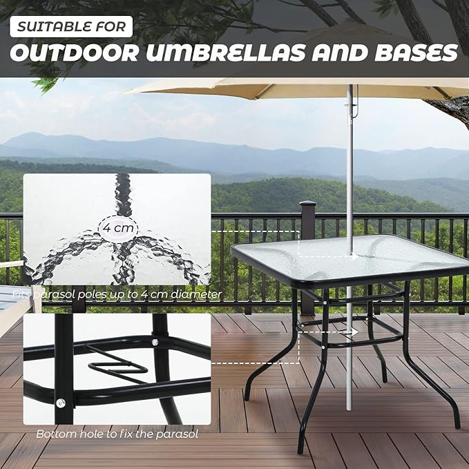 Patio Table Patio Dining Table Bistro Table Rectangular Furniture Outdoor Patio Coffee Small Balcony End Outside Console Umbrella Hole Tempered Glass Conversation Black
