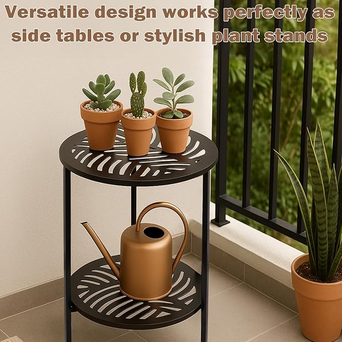 13" Two-tiered Metal Round Side Tables Small Black Outside End Table for Patio Round Accent Garden Corner Stand for - Photo 8