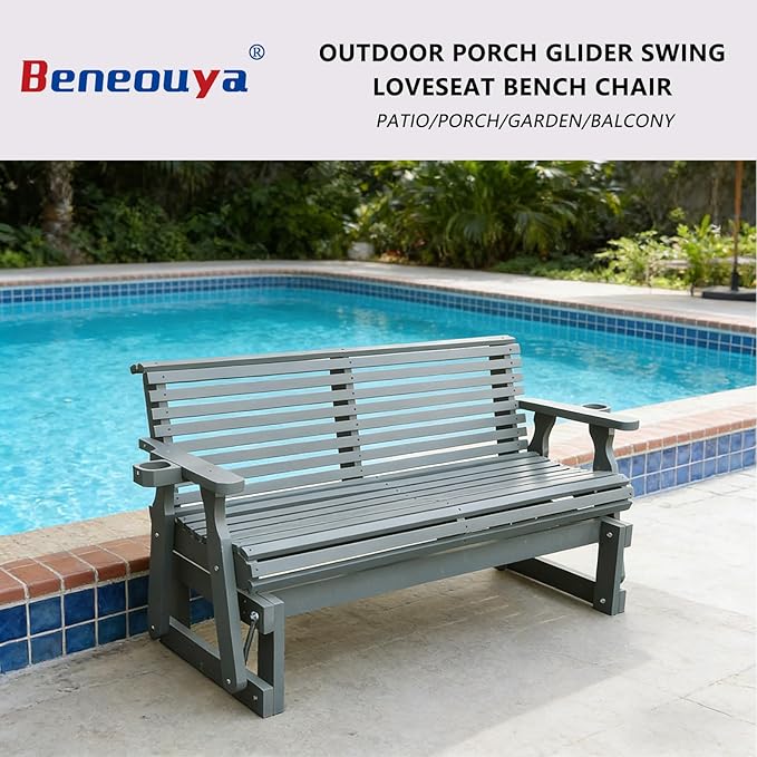 5FT Outdoor Glider with Cupholders, High Roll Back, 3-Seater Glider Chair, Outdoor Glider Bench with 800 LBS Capacity for Backyard, Porch, Balcony, Grey