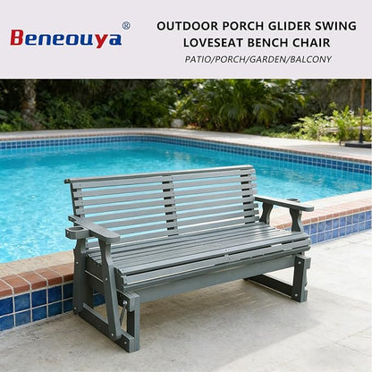 5FT Outdoor Glider with Cupholders, High Roll Back, 3-Seater Glider Chair, Outdoor Glider Bench with 800 LBS Capacity for Backyard, Porch, Balcony, Grey