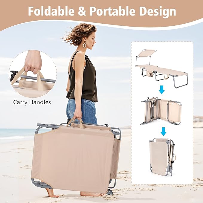 Goplus Tanning Chair, Foldable Beach Lounge Chair with 360°Canopy Sun Shade, Side Pocket, 5-Position Adjustable Outdoor Chaise Lounge Chair for Patio Pool Yard Lawn (2, Beige)