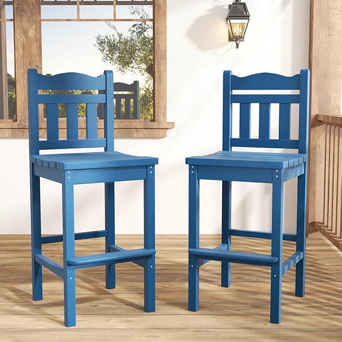 Sundale Outdoor Tall Adirondack Bar Chair Set of 2, HDPE Patio Stools with Backrest, 27.5 Inch Seat Height Tall Bistro Dining Counter Stool, All-Weather Pub Height Chair (Blue, 4 Bar Stools)