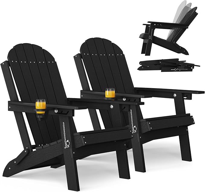 YEFU Adirondack Chairs Set of 2 for Outdoor: Folding Plastic Adirondack Chair with Cup Holder & Adjustable Back for Adult - All-Weather HDPE Weather Resistant for Patio Lawn - Easy Assembly(Black)