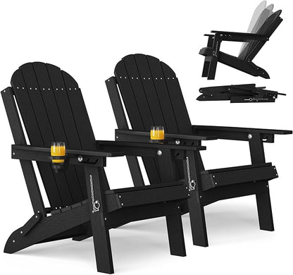 YEFU Adirondack Chairs Set of 2 for Outdoor: Folding Plastic Adirondack Chair with Cup Holder & Adjustable Back for Adult - All-Weather HDPE Weather Resistant for Patio Lawn - Easy Assembly(Black)