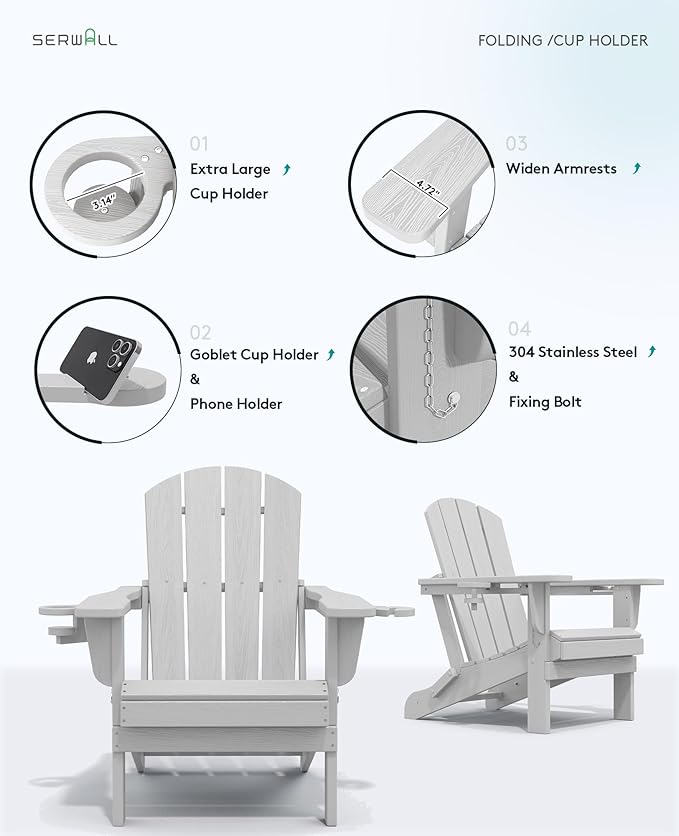 SERWALL Adirondack Chair with Cup Holders - Composite Adirondack Chairs Set of 6 HDPE Outdoor Chairs All Weather Use - Photo 7