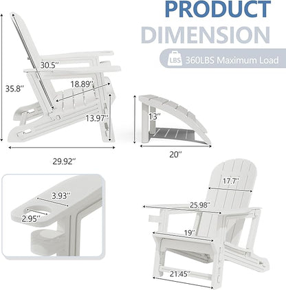 Shintenchi Adirondack Chair Set of 2,HDPE Adirondack Chairs with Umbrella Hole Connecting Tray & 2 Curved Ottoman,Plastic Outdoor Chairs with Cup Holders for Garden Backyard Pool,White