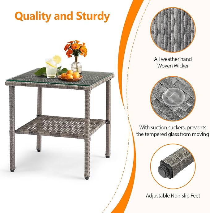VINGLI Outdoor Wicker Side Table Patio Side Tables for Outside, Tempered Glass Top Wicker Table with Storage End Table for Patio Balcony Porch Deck (Grey)