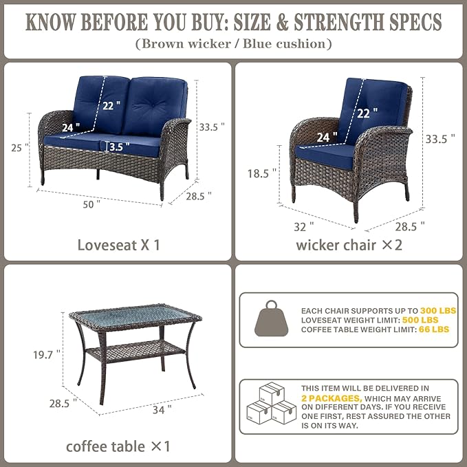 Belord Outdoor Wicker Loveseat Furniture Set of 4 with Coffee Table for Porch Deck Balcony - Photo 2