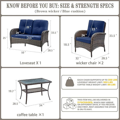 Belord Outdoor Wicker Loveseat Furniture Set of 4 with Coffee Table for Porch Deck Balcony, 4 Pieces Rattan Outdoor Conversation Sets Include 2 Club Chairs 1 Loveseat Couch 1 Coffee Table Brown/Blue