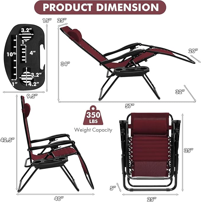 Giantex Zero Gravity Reclining Chair, Outdoor Patio Recliner with Cup Holder & Removable Pillow, Adjustable Backrest, Indoor Lounge Chair for Backyard, Garden, Poolside (Burgundy)
