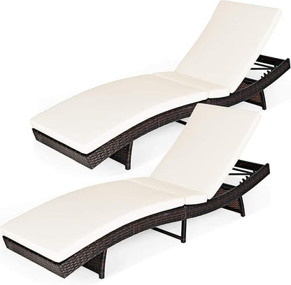 Tangkula Outdoor Chaise Lounger, Rattan Patio Lounge Chair with Removable Thick Cushion, 5 Adjustable Levels, Leisure Reclining Wicker Chair for Garden, Pool Side, Balcony (2, White)