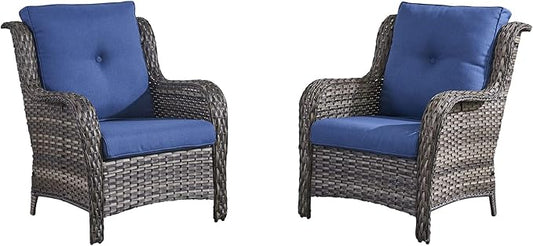 HUMMUH Outdoor Wicker Patio Chairs Set of 2 PE Rattan Patio Seating Chairs High Back Curved Armrest Porch Chairs with 4 inch Seat Cushions