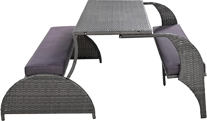 57.1" 2-in-1 Convertible Picnic Upholstered Bench Table, Outdoor Loveseat Picnic Table Couch, Foldable to 4 Seats & 1 Table, Multifunctional Patio Seating for Garden Lawn Backyard Porch（grey）