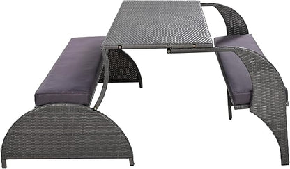 57.1" 2-in-1 Convertible Picnic Upholstered Bench Table, Outdoor Loveseat Picnic Table Couch, Foldable to 4 Seats & 1 Table, Multifunctional Patio Seating for Garden Lawn Backyard Porch（grey）