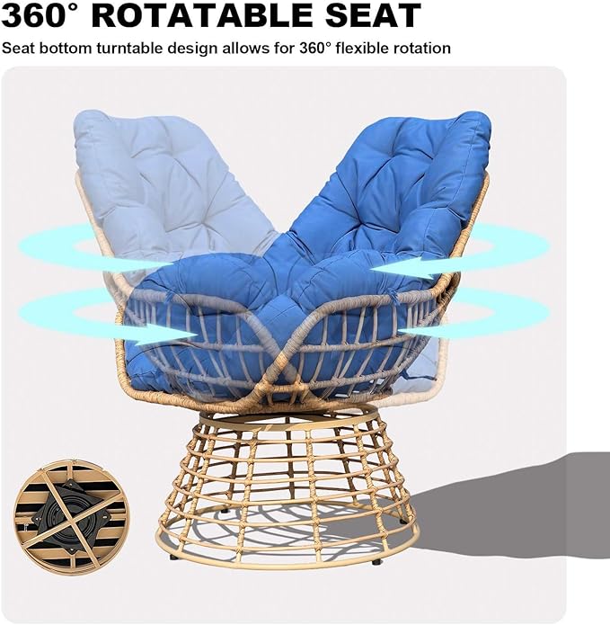 Swivel Chairs for Outside Patio Set of 3, 360 Degree Swivel Pe Wicker Luxury Lounger Chair with 20" Side Table - Photo 3