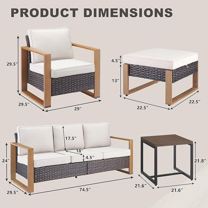Outdoor Wicker Patio Furniture Set - 6 Piece Patio Conversation Set with 2 Wicker Armrest Chairs,2 Rattan Ottoman,1 Side Table and 1 Couch,Sturdy Frame,Thick Cushions,Deep Seating(Brown/Beige)