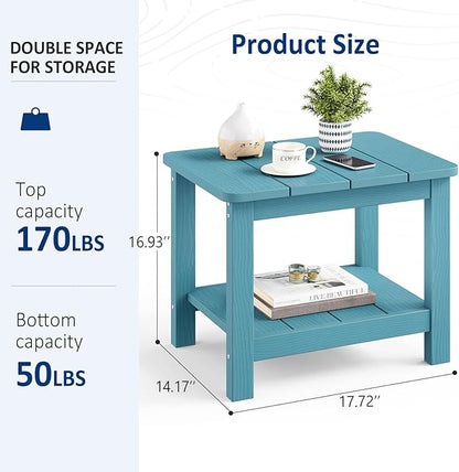 18" Outdoor Side Table, 2-Tier Patio Side Table, Weather Resistant, Easy Assembled, HIPS Adirondack Side Table for Backyard, Pool, Indoor (Lake Blue)