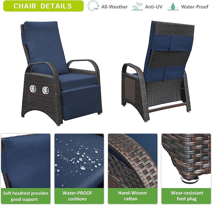 ATR ART TO REAL Outdoor Recliner Chairs, PE Wicker Reclining Lounge Chair with Removable Soft Cushion, Adjustable Outside Recliners for Patio, Porch, Poolside, Balcony, Lawn (Navy Blue, 2 PCS)
