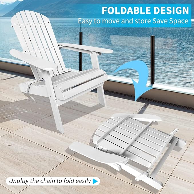 YRLLENSDAN Folding Adirondack Chair - Weather Resistant Plastic Outdoor Chairs for Patio, Lawn, Garden, or Fire Pit - Cozy Plastic Adirondack Chair for Outside Seating (1, White)