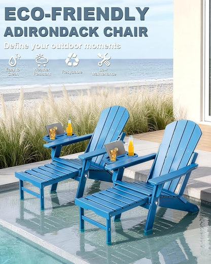 Adjustable Adirondack Chair with Retractable Ottoman Set of 2, HDPE Folding Adirondack Chair with Cup Holder, All Weather Fire Pit Chair for Outdoor,Pacific Blue