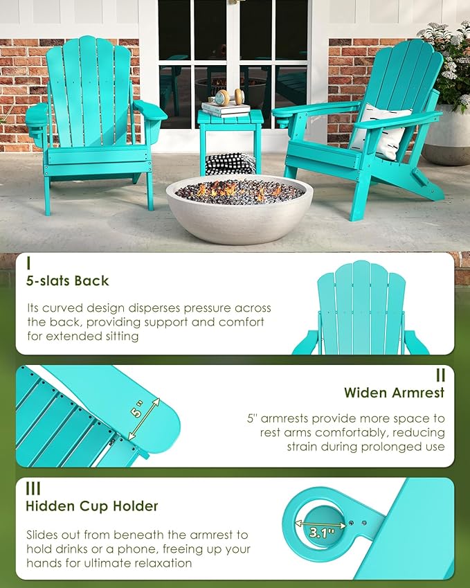 GREENVINES Oversized-Folding-Adirondack-Chairs-Set-of-4 | HDPE Plastic | Cup Holder | Fire Pit Chair | All Weather | for Outdoor Deck Backyard | Aqua