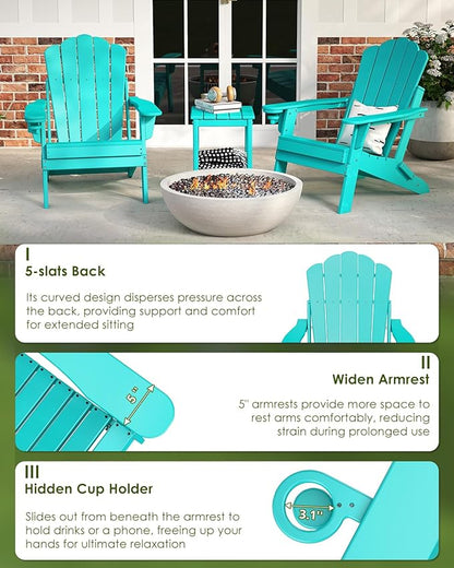 GREENVINES Oversized-Folding-Adirondack-Chairs-Set-of-4 | HDPE Plastic | Cup Holder | Fire Pit Chair | All Weather | for Outdoor Deck Backyard | Aqua