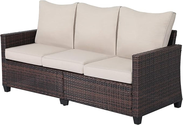 Rattan Outdoor Sofa 3-Seater - PE Woven Patio Couch with Waterproof Blue Cushions, Heavy-Duty Steel Frame for Garden - Photo 1