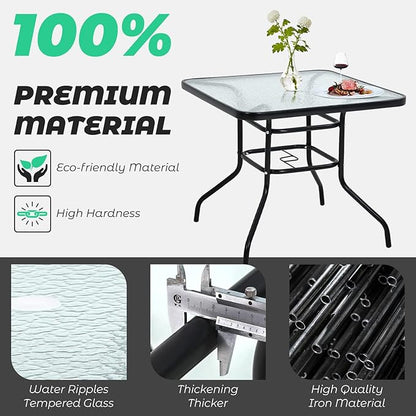 Patio Table Patio Dining Table Bistro Table Rectangular Furniture Outdoor Patio Coffee Small Balcony End Outside Console Umbrella Hole Tempered Glass Conversation Black