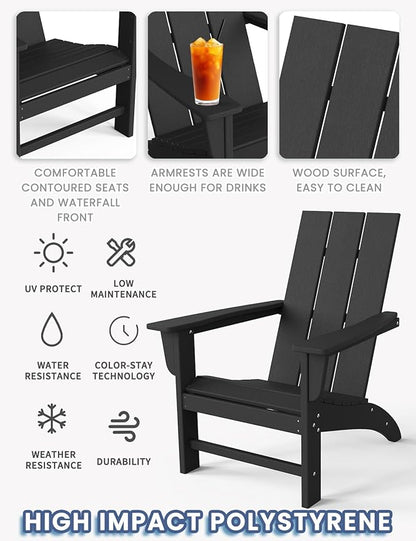 Modern Adirondack Chairs Set of 8, HDPE Plastic Patio Chairs for All Weather, Fire Pit Chair, Outdoor Lawn Chairs for Deck, Porch, Backyard, Garden, Black