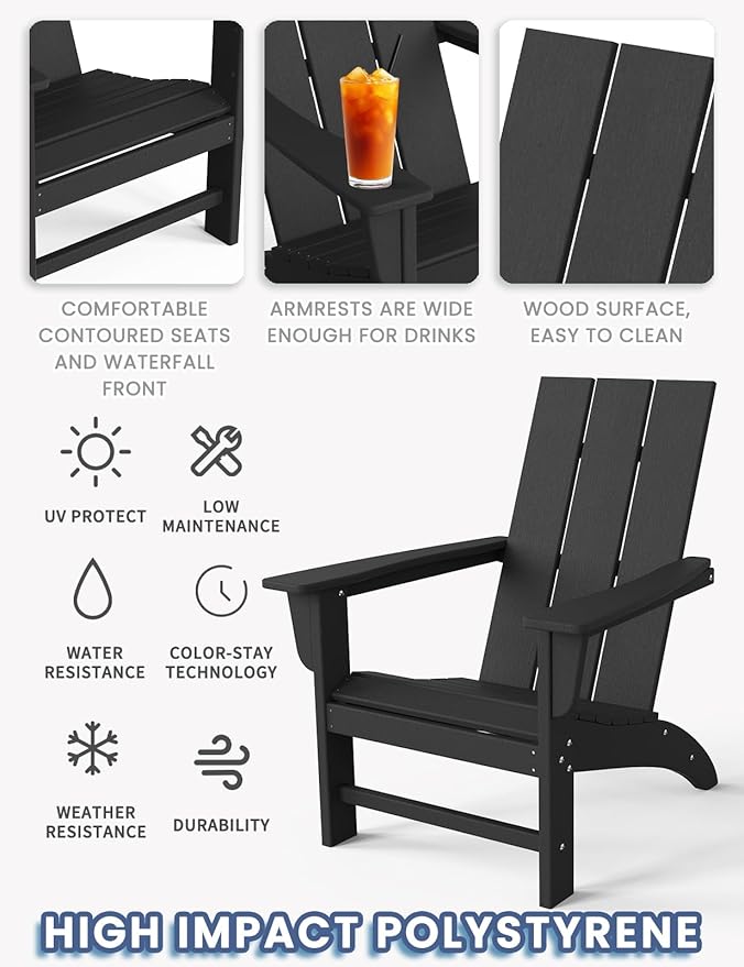 Modern Adirondack Chairs Set of 2, HDPE Plastic Patio Chairs for All Weather, Fire Pit Chair, Outdoor Lawn Chairs for Deck, Porch, Backyard, Garden, Black