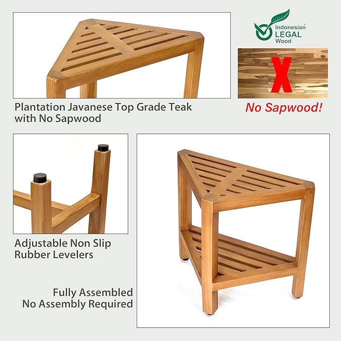 Asta Bora Solid Teak Indoor Outdoor Shower/Bath/Spa Corner Stool with Shelf, Fully Assembled, SpaTeak Collection, TB-009 - Photo 5