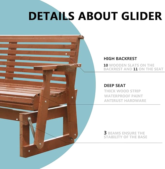 3-Seater Outdoor Glider Chair, 5FT Wood Porch Glider with High Roll Back, Cupholders and Deep Contoured for Porch - Photo 6