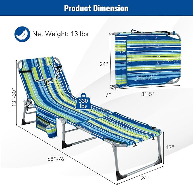 Giantex Set of 2 Tanning Chair with 5 Adjustable Position, Face & Arm Hole, Hand/Shoulder Strap, Removable Pillow, Side Pocket, Load 330 Lbs, Outdoor Lounge Chair for Sunbathing, Beach, Stripe
