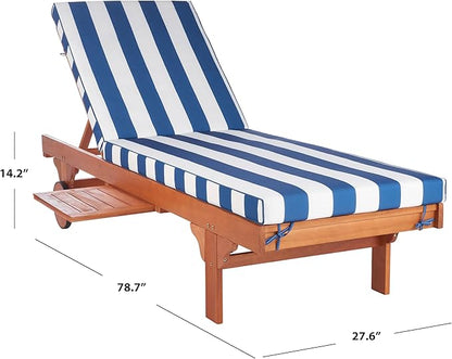 SAFAVIEH Outdoor Collection Newport Natural/ Blue & White Stripe Cushion Built-in Side Table Adjustable Chaise Lounge Chair