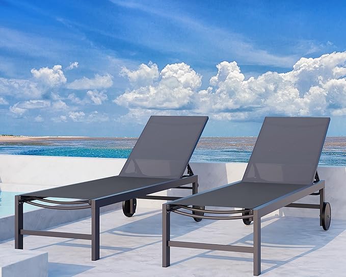 QAQA Patio Chaise Lounge Set of 2, Outdoor Lounge Chairs with 5 Adjustable Positions and Wheels - Photo 1