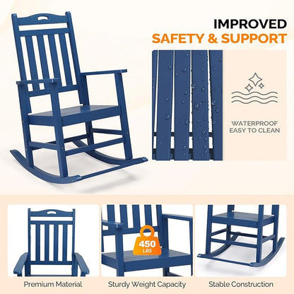 VINGLI Outdoor Rocking Chair with Footrest, Wooden Rocking Chair with 450 LBS Weight Capacity, Patio Rocker with Comfortable Backrest for Garden, Yard (Navy Blue, 1PC)