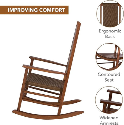 Shine Company Set of 2 Hampton Porch Rockers, High Back Wood Rocking Chairs, Rattan Backrest & Seat, 2-Pack, Oak