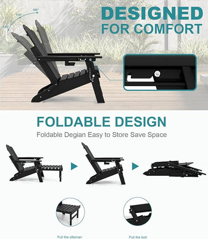FOOWIN Adjustable Adirondack Chair with Retractable Ottoman Set of 8, Folding Adirondack Chair with Cup Holder, HDPE All-Weather Fire Pit Chair for Patio, Yard, Poolside, Black