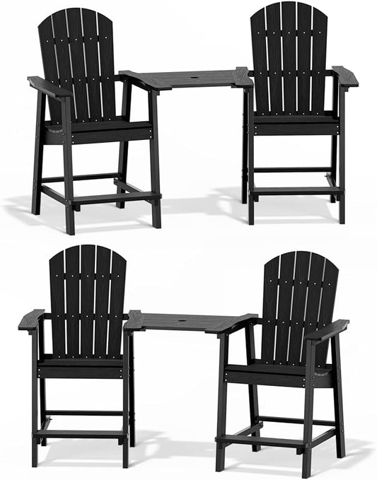 YEFU Tall Adirondack Chair Set of 4, Balcony Chair with Connecting Table, Poly Lumber Adirondack Chair, Patio Bar Stools, 380lbs, Weather Resistant for Outdoor Deck Lawn Pool-Black