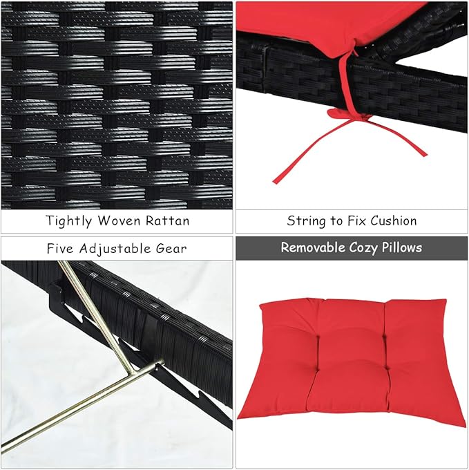 Tangkula Outdoor Chaise Lounge Chair, 5-Position Adjustable Rattan Recliner Chair w/Cushioned Seating and Adjustable Feet, Multifunctional Couch Furniture for Garden, Patio, Poolside (2, Red)