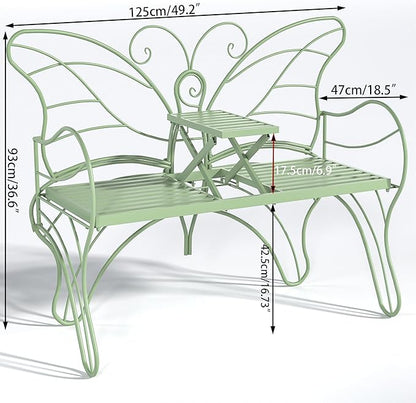 Outdoor Bench Patio Outdoor Garden Bench with Built-in Table, Butterfly Bench for Outside, 3 People Outdoor Bench Garden Bench Front Porch Furniture (Green, 49.2inch)