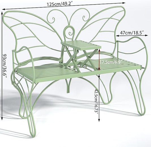 Outdoor Bench Patio Outdoor Garden Bench with Built-in Table, Butterfly Bench for Outside, 3 People Outdoor Bench Garden Bench Front Porch Furniture (Green, 49.2inch)