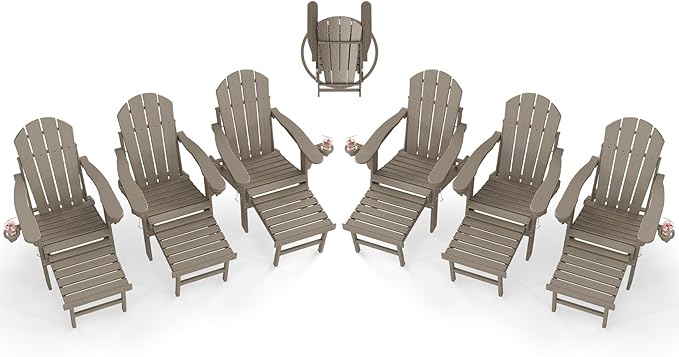 BRIOPAWS Adirondack-Chairs-with-Pull-Out-Footrest | Set of 6 | Folding | HDPE Plastic | Fire Pit Chair | All Weather | Cup Holders | Curved Back | Retractable Ottoman | for Poolside Deck | Light Brown