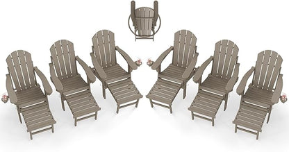 BRIOPAWS Adirondack-Chairs-with-Pull-Out-Footrest | Set of 6 | Folding | HDPE Plastic | Fire Pit Chair | All Weather | Cup Holders | Curved Back | Retractable Ottoman | for Poolside Deck | Light Brown