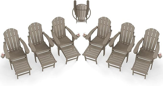 BRIOPAWS Adirondack-Chairs-with-Pull-Out-Footrest | Set of 6 | Folding | HDPE Plastic | Fire Pit Chair | All Weather | Cup Holders | Curved Back | Retractable Ottoman | for Poolside Deck | Light Brown