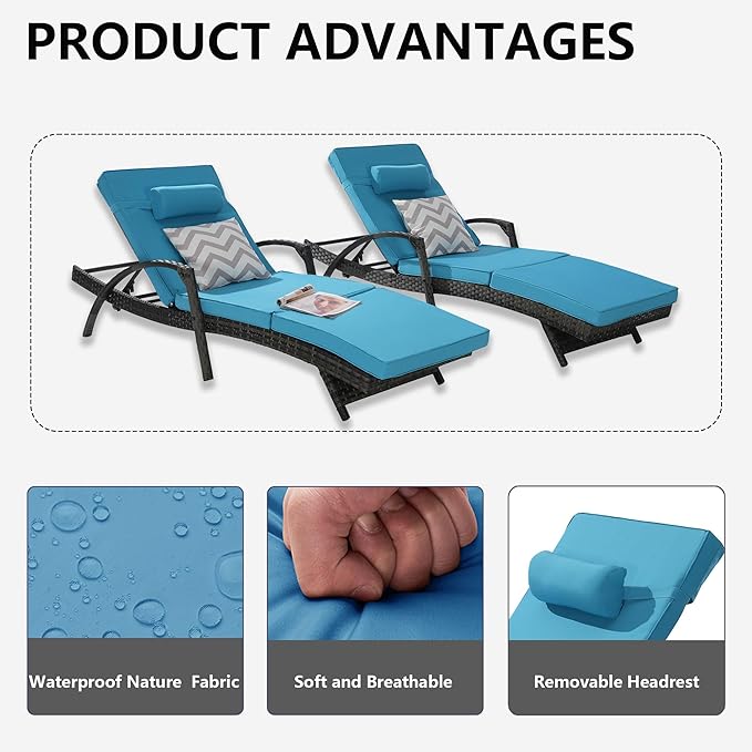 Outdoor Lounge Chairs Set of 2,Wicker Chaise Lounge Chair Pool Chaise Lounge,Patio Lounge Chair with Adjustable Backrest Arm Cushion for Poolside