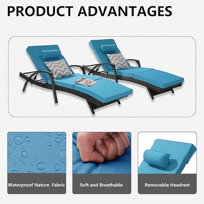Outdoor Lounge Chairs Set of 2,Wicker Chaise Lounge Chair Pool Chaise Lounge,Patio Lounge Chair with Adjustable Backrest Arm Cushion for Poolside