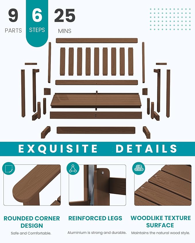SERWALL Outdoor Glider Bench Set of 4, HDPE Weather-Resistant Swinging Bench for Backyard Garden Porch, Brown - Photo 5