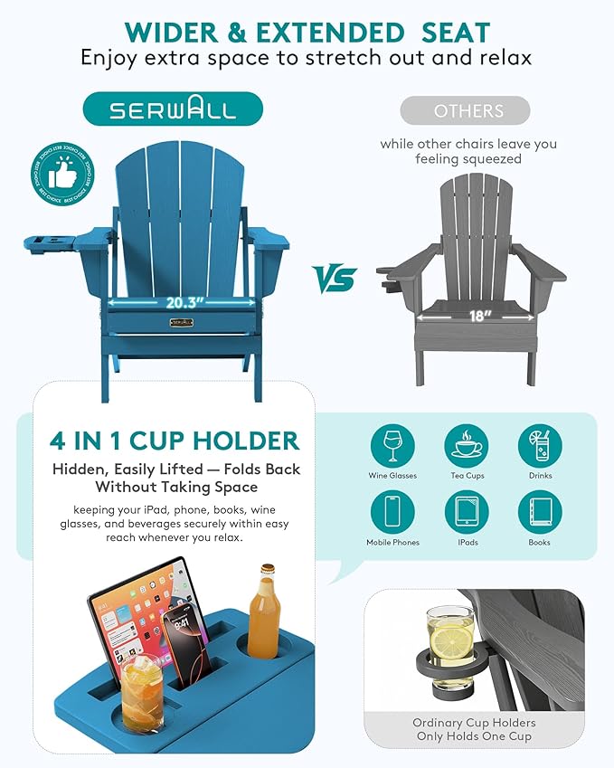 SERWALL Folding Adirondack Chair with 4 in 1 Multi-Functional Cup Holder, Wood Texture Adirondack Chairs for Patio Garden Outdoors, All-Weather Plastic Fire Pit Chairs - Sapphire