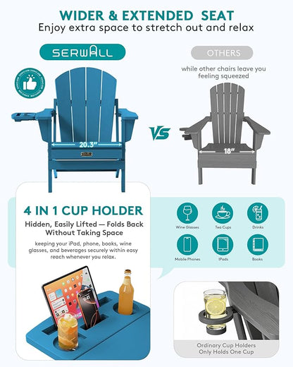 SERWALL Folding Adirondack Chair Set of 4, Outdoor Adirondack Chairs with 4 in 1 Cup Holder, Wood Texture Patio Chairs, Weather Resistant Fire Pit Chairs for Patio Deck Garden, Backyard - Sapphire